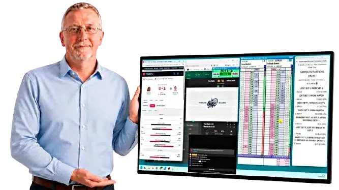 Live streamed tennis trading. Showing Paul with a trading screen